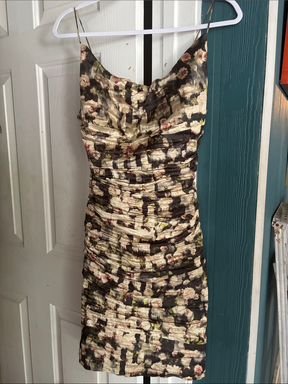 Nicole Miller Black and Cream Floral Ruched Slip Dress